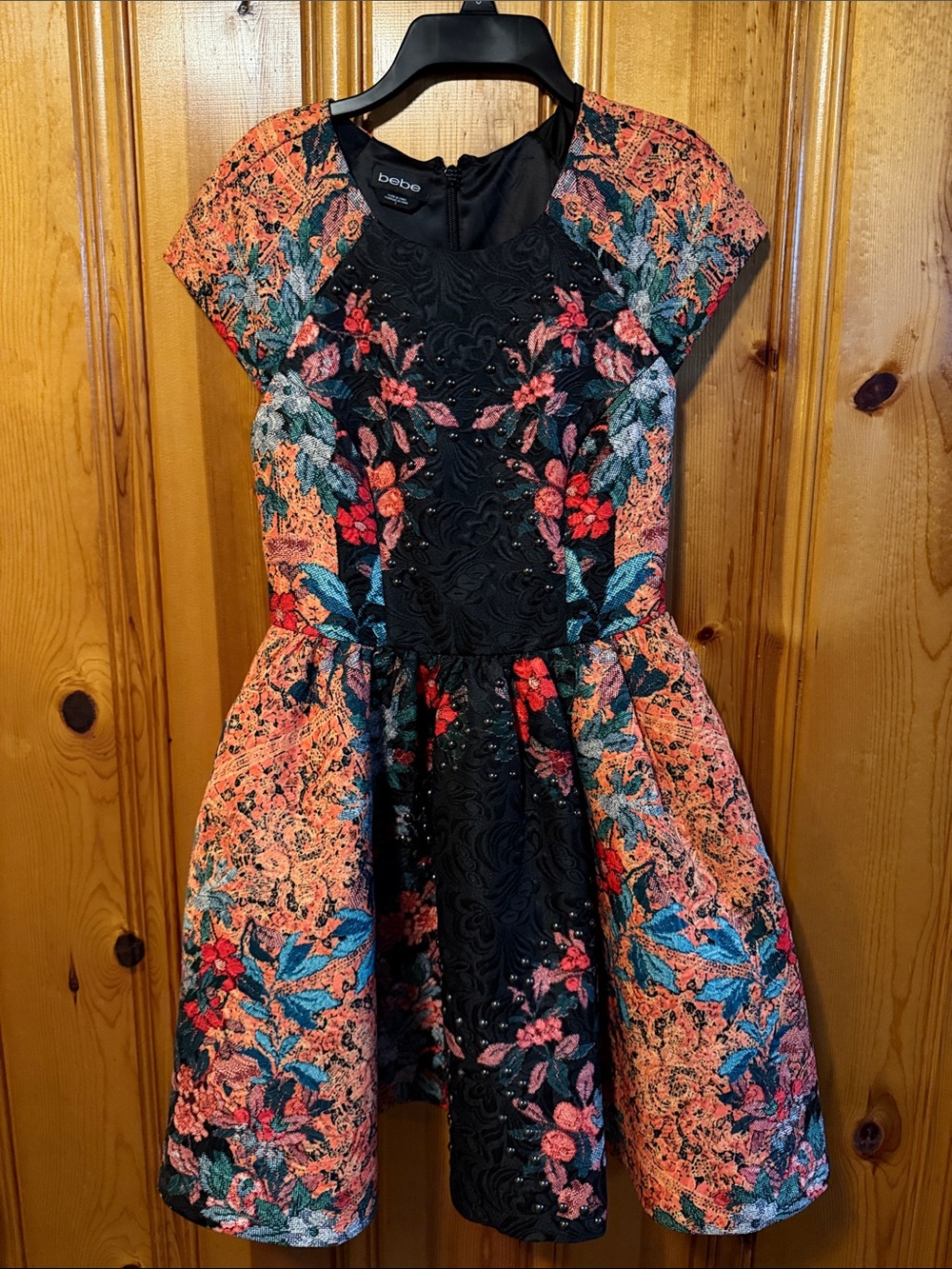 bebe Black Floral Jacquard Dress with Coral & Teal Accents